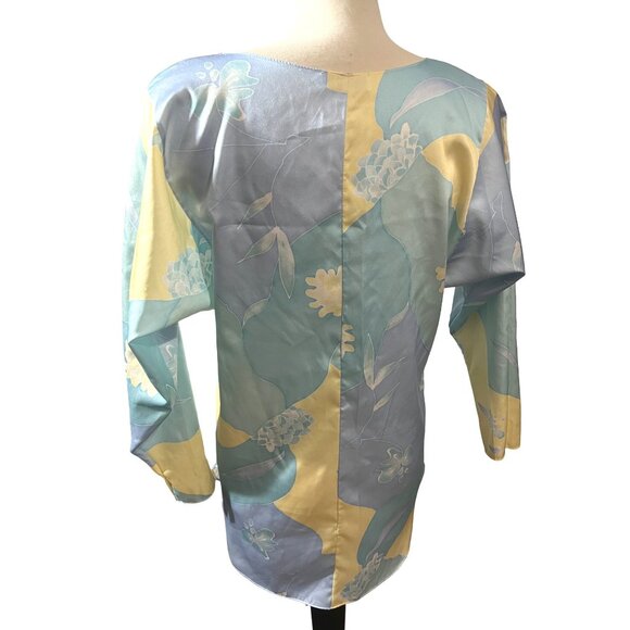 Miss Elaine Vintage Silky Floral Seventies Blouse Sz Small/Med Womens Yellow & B - Picture 8 of 11